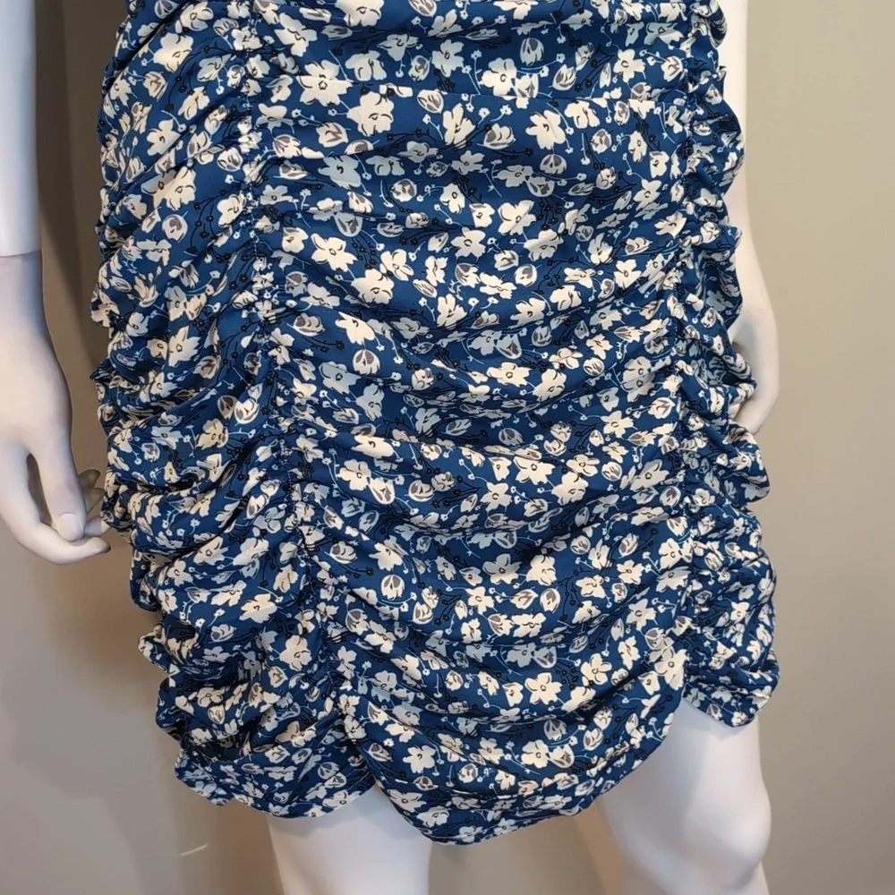 SHEIN Blue And White Floral Off Shoulder Tie Bust Ruched Front Mini Dress Large